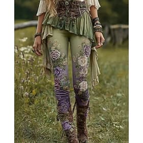 Women's Pants Trousers Leggings Cozy Leggings Casual Boho Full Length High Waist Flower Elastic Waist Print Breathability Comfortable Stretchy Vacation Street