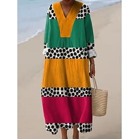 Women's Midi Dress V Neck Long Sleeve Kaftan Lightweight Loose Fit Shift Dress Casual Going out Loose Fit Graphic Geometric Long Sleeve V Neck Dark Yellow Yell