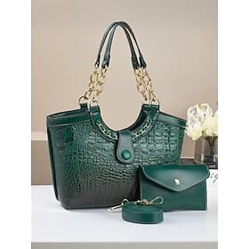 Women's 2-Piece Faux Leather Crocodile Tote Bag Set – Stylish Shoulder Handbag with Chain Detail and Wallet for Work, Travel and Daily Use