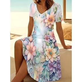 Women's Mini Dress Sundress T Shirt Dress Tee Dress A Line Dress Vacation Casual Beach Beach Going out Floral Graphic Short Sleeve V Neck Light Green Light Bro