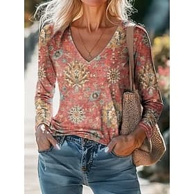 Damen Bluse Druck Blumen Paisley-Muster Bohemien Täglich Langarm V Ausschnitt Normale Oberteile Täglich Ferien Weiß Gelb Rosa Regenbogen Sommer Frühling Herbst