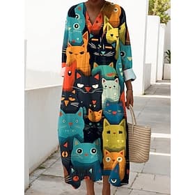Women's Midi Dress V Neck Long Sleeve Kaftan Lightweight Loose Fit Shift Dress Casual Going out Loose Fit Graphic Animal Long Sleeve V Neck Black White Green F