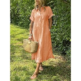 Women's Midi Dress Linen-feel Dresses Shift Dress Cotton Maxi Dress Casual Loose Fit Stripe Short Sleeve Shirt Collar Lapel Blue Light Yellow Black White Summe