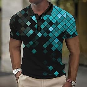 Men's Geometric Waffle Polo Shirts Golf Shirt Short Sleeve Polo Shirts Collared Shirts Casual Vacation Wear Formal Wear Festival Wear 3D Print Buttons Blue Yel