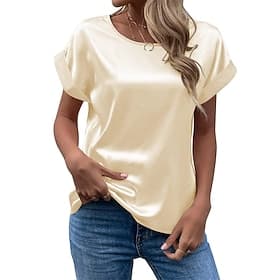 Women's Elegant Satin Top T Shirt Silky Tops Plain Fashion Modern Short Sleeve Crew Neck Regular Tops Daily Going out Weekend Wine Army Green Navy Blue Khaki B