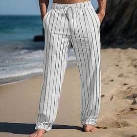 Men's Linen Pants Trousers Summer Pants Beach Pants Elastic Waist Drawstring Straight Leg Stripe Comfort Breathable Full Length Casual Daily Holiday Vacation F