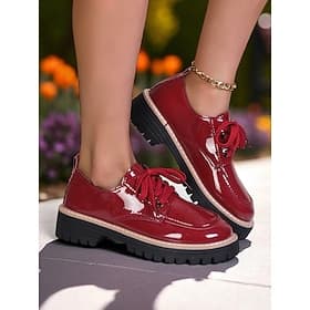 Women's Red Patent Leather Oxford Shoes – Chunky Sole Lace-Up Flats for Daily Wear, School  Urban Street Style
