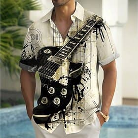 Men's Boardmasters Guitar Musical Instrument Shirt Summer Shirt Button Up Shirt Short Sleeve Vintage Retro Outdoor Vacation Dailywear Summer Spring Turndown 3D