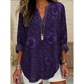 Women's Blouse Linen Like Breathable Lightweight Tunic V Neck Long Sleeve Boho Casual Summer Tops Floral Graphic Vintage Tropical Regular Tops Daily Wear Print thumbnail 2
