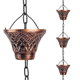 8.5ft Copper Rain Chain with 12 Cup Mouths Adjustable Outdoor Downspout Replacement Decorative Metal Gutter System for Efficient Rainwater Drainage