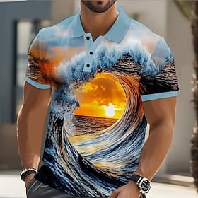 Men's Spray Polo Short Sleeve Polo Shirts Casual Athleisure Daily Wear 3D Print Buttons Summer Navy Blue Blue Gray