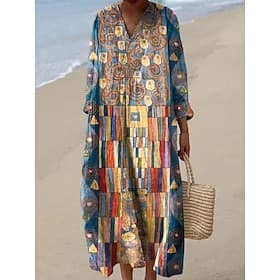 Women's Midi Dress V Neck Long Sleeve Kaftan Lightweight Loose Fit A Line Dress Casual Boho Going out Graphic Geometric Abstract Long Sleeve V Neck Red Blue Gr