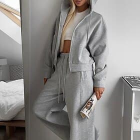 Women's Tracksuit Sweatpants Zip Up Hoodie Drawstring Pocket Solid Colored Clothing Suit Spring Fall White Pink Gym Training Running High Waist Windproof Light