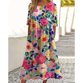 Women's Midi Dress Casual Dress Summer Dress Fashion Modern Daily Beach Weekend Regular Fit Flower Half Sleeve Crew Neck Pink Green Spring Fall