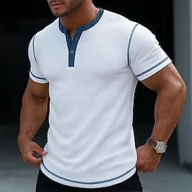 Men's Waffle Henley Shirt Tee Short Sleeve Solid Color Casual Buttons Henley Casual Daily Outdoor Summer Yellow Henley T-Shirt