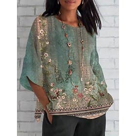 Women's Shirt Print Floral Daily Casual 3/4 Length Sleeve Crew Neck Regular Tops Daily Holiday Green Summer Spring Fall