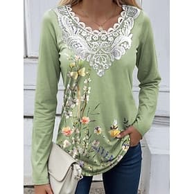 Women's Blouse Tunic Lace Splicing V Neck Long Sleeve Floral Graphic Plants Vintage Crew Neck Tops Daily Going out Weekend Lace Patchwork Print White Yellow Bl