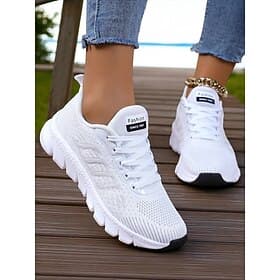 Women's White Flyknit Running Sneakers – Lightweight Breathable Walking Shoes for Summer to Fall Transitions, Sports and Daily Fitness