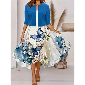 Women's Two Piece Dress Sets Midi Dress with Jacket Elegant A Line Dress Half Sleeve Casual Semi Formal Floral Graphic Print Short Sleeve Crew Neck Date Sky Bl