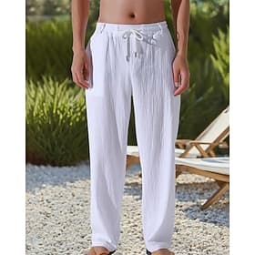 Men's Linen Pants Trousers Summer Pants Beach Pants Drawstring Pocket Elastic Waist Plain Comfort Breathable Daily Beach Vacation Hawaiian Boho Dark Khaki Blac