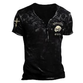 Men's T shirt Tee Henley Shirt Skull Graphic Prints Henley Black Army Green Brown Khaki 3D Print Outdoor Casual Short Sleeve Button-Down Print Clothing Apparel