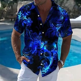 Men's Floral Print Neon Glow Flowers Summer Hawaiian Shirt Button Up Shirt Aloha Shirt Short Sleeve Hawaiian Vacation Beach Wear Summer Spring Turndown 3D Prin thumbnail 3