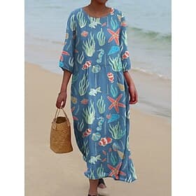 Women's Midi Dress Casual Dress Print Dress Fashion Modern Daily Beach Weekend Regular Fit Fish 3/4 Length Sleeve Crew Neck Blue Yellow Red Spring Fall Autumn