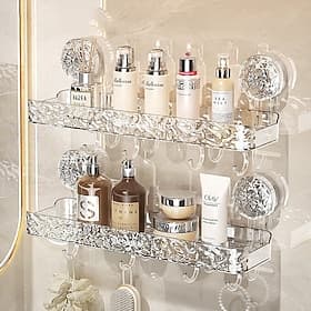 Light Luxury Style Punch-Free Storage Rack Suction Cup Corner Shelf Bathroom Triangle Organizer Wall Mounted No Drilling Washstand Rack for Toiletries and Esse