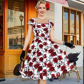 1950s Retro Vintage Rockabilly Midi Swing Dress Flare Dress Cap Sleeve Floral Fruit Fit  Flare Swing Square Neck Fancy Dress Women's Carnival Vacation Daily We