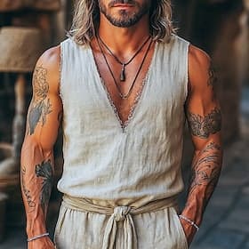 Herren Leinenhemd Tank Top Weste Unterhemd Ärmellos V Ausschnitt Sommer Einfach Mode Böhmische Klassisch Straße Lässig Sport Khaki Top T-Shirt für Herren