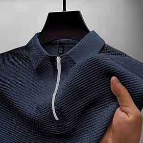 Men's Waffle Polo Shirts Ice Silk Seersucker Polo Casual Business Lapel Quarter Zip Short Sleeve Fashion Basic Plain Quarter Zip Plain Summer Regular Fit Black