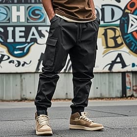 Men's Cargo Pants Cargo Joggers Trousers Casual Pants Pocket Elastic Waist Drawstring Plain Comfort Full Length Outdoor Work Daily Fashion Streetwear Black Whi
