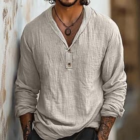 Men's Shirt Linen Shirt Popover Shirt Summer Shirt Beach Wear Solid Color Vacation Street Black Sky Blue Khaki Long Sleeve Collar Summer Spring Clothing Appare