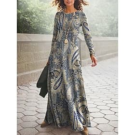 Women's Maxi Dress Vintage Bohemian A Line Dress Crew Neck Long Sleeve Casual Daily Regular Fit Graphic Paisley Blue Camel Gray Spring Fall Winter Autumn