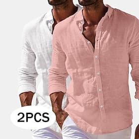 Men's Shirt Linen Shirt Summer Shirt Beach Wear Button Up Shirt Plain Vacation Casual WhitePink Navy BlueGrey GreenKhaki BlueNavy Blue Long Sleeve Turndown Sum