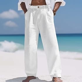 Men's Linen Pants Trousers Summer Pants Baggy Pants Beach Pants Elastic Waist Straight Leg Plain Comfort Breathable Full Length Casual Daily Holiday Vacation F