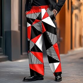 Men's Trousers Dress Pants Geometric Color Block Full Length Holiday Streetwear Dads Day Gifts Casual Loose Fit Red Navy Blue Micro-elastic