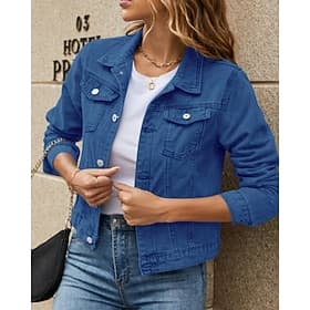 Women's Denim Jacket Comfortable Pocket Buttons Casual Plain Holiday Weekend Single Breasted Regular Turndown Regular Fit Long Sleeve Outerwear Black White Yel