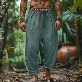 Homme Pantalons en Lin Pantalons Pantalon d'été Pantalons de Plage Patchwork Cordon de serrage Jambe Droite Uni Confort Respirant Longueur complète Extérieur O