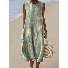 Damen Midi Kleid Leinenähnliches Sommerkleid Shift Kleid A-Linien Kleid Urlaub Freizeit Boho Party Ausgehen Strand Lockerer Schnitt Floral Grafisch Ärmellos Ru thumbnail 2