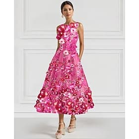 Ligne A Longueur cheville Robes de Cocktail Robes de soirée Élégant ancien Floral Sans manches Col ras du cou Mariage Formel Satin avec Broderie Poche