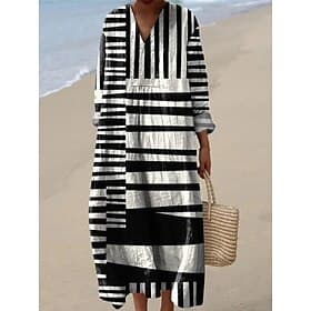 Women's Midi Dress V Neck Long Sleeve Kaftan Lightweight Loose Fit A Line Dress Casual Boho Going out Graphic Geometric Stripe Long Sleeve V Neck Ash Black Yel