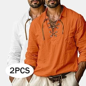 Men's Shirt Linen Shirt Viking Style Popover Shirt Summer Shirt Beach Wear Solid Color Vacation Street WhiteOrange WhiteGreen Greenorange WhiteWhite Long Sleev