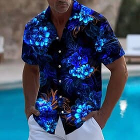 Men's Floral Print Neon Glow Flowers Summer Hawaiian Shirt Button Up Shirt Aloha Shirt Short Sleeve Hawaiian Vacation Beach Wear Summer Spring Turndown 3D Prin