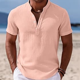Voor heren Overhemd Linnen overhemd Popover-shirt Zomer overhemd Strand Kleding Overhemd met bandkraag Effen Vakantie Casual Zwart Wit Geel Blozend Roze Korte thumbnail 2