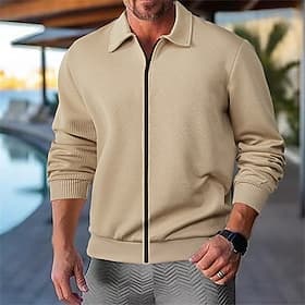 Men's Lightweight Jacket Casual Jacket Vacation Daily Breathable Pocket Jacquard Spring Fall Plain Fashion Classic Lapel Regular Black White Navy Blue Khaki Li