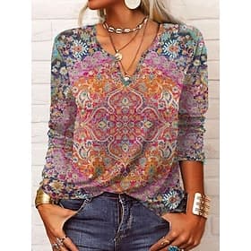 Women's Blouse Print Floral Ethnic Retro Vintage Long Sleeve V Neck Regular Tops Daily Holiday Purple Summer Spring Fall