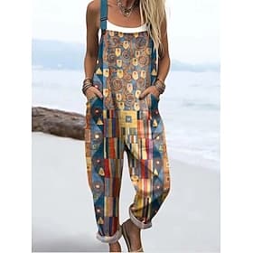 Women's Dungarees Active Graphic Sleeveless Straight Drawstring Daily Vacation Loose Fit Red Navy Blue Dusty Blue Summer