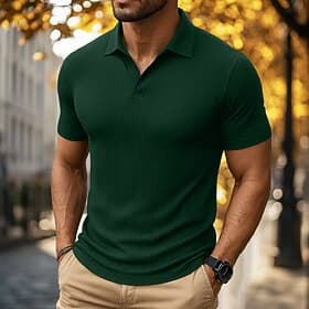 Men's Golf Shirt Casual Sports Lapel Ribbed Polo Collar Short Sleeve Fashion Basic Plain Vertical Stripes Classic Summer Spring All Seasons Regular Fit Wine Gr