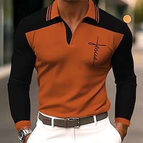 Men's Faith Polo Shirts Golf Shirt Long Sleeve Polo Shirts Collared Shirts WorkWear Formal Wear Festival Wear 3D Print Buttons Fall Winter Orange
